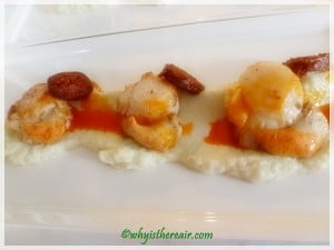 Sautéed diver scallops, Yorkshire Chorizo, Thermomix cauliflower purée