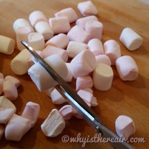 Cutting the marshmallows for Sally's White Chocolate and Strawberry Rocky Road