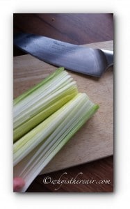 Cut the white part of the leek into sheets by running a knife halfway through to the centre, down the length of the leek.