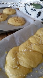 Here's my Thermomix Plaited Brioche ready for the oven, along with some burger buns I also made from the same dough