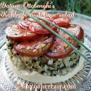Here's a nifty serving suggestion for your Kohlrabi and Lime Salad: served on a bed of hummous and topped with fragrant, ripe tomatoes