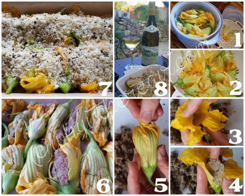 Here's my method for stuffing courgettes: 1. Wash the courgette flowers to remove all traces of dirt, sand and/or insects. 2. Drain well and pat dry or gently spin in a salad spinner. 3. Take the courgette flowers one by one and delicately open the petals. 4. Stuff each flower with a bit of stuffing (a tablespoon or two, depending on flower size), and then 5. Gently twist the petals to close the flower. 6. As you go along, arrange the stuffed flowers in a greased baking dish. 7. Sprinkle them over the stuffed flowers. 8. Bake about 20 minutes or until the stuffing is cooked and the breadcrumbs are nicely golden.