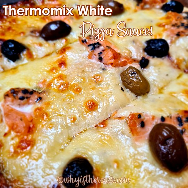 Thermomix white pizza sauce on baked pizza